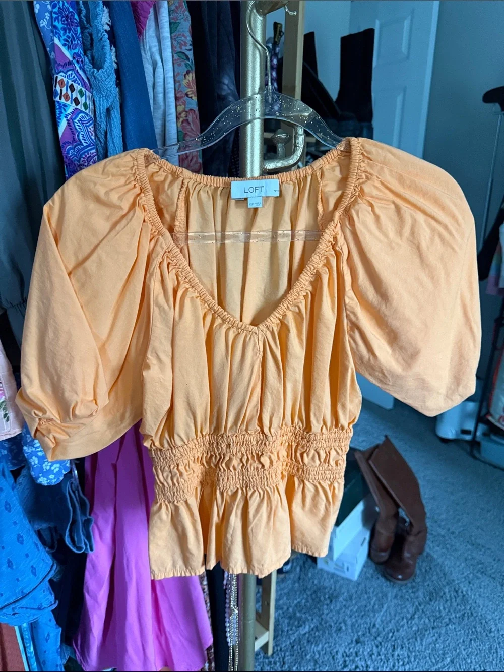 Orange Gathered Waist V-Neck Blouse
